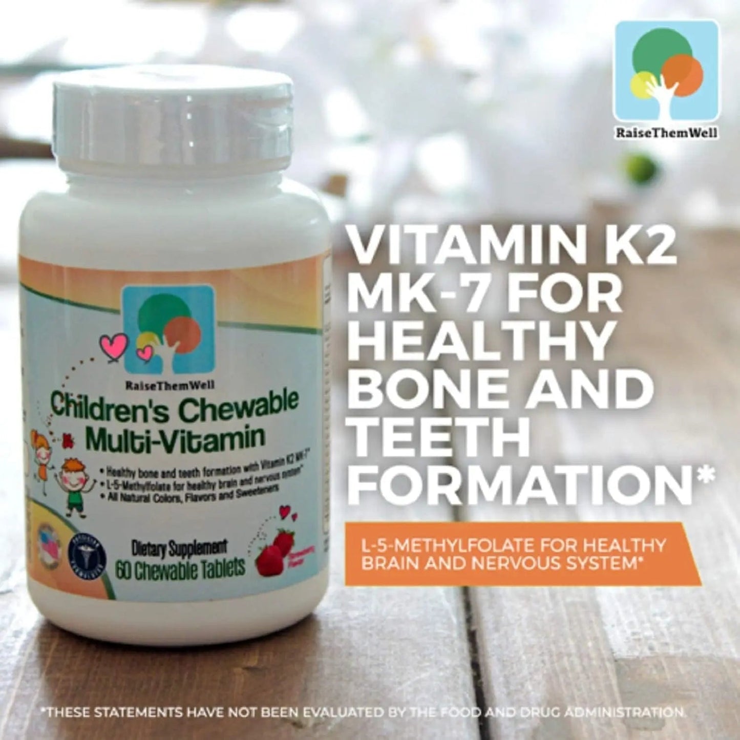 Raise Them Well Tasty Chewable Kids Multivitamin, All-Natural Colors, Flavors & Sweeteners, Daily Essential Vitamins for Children, Easy-to-Chew Vitamins, Strawberry Raise Them Well
