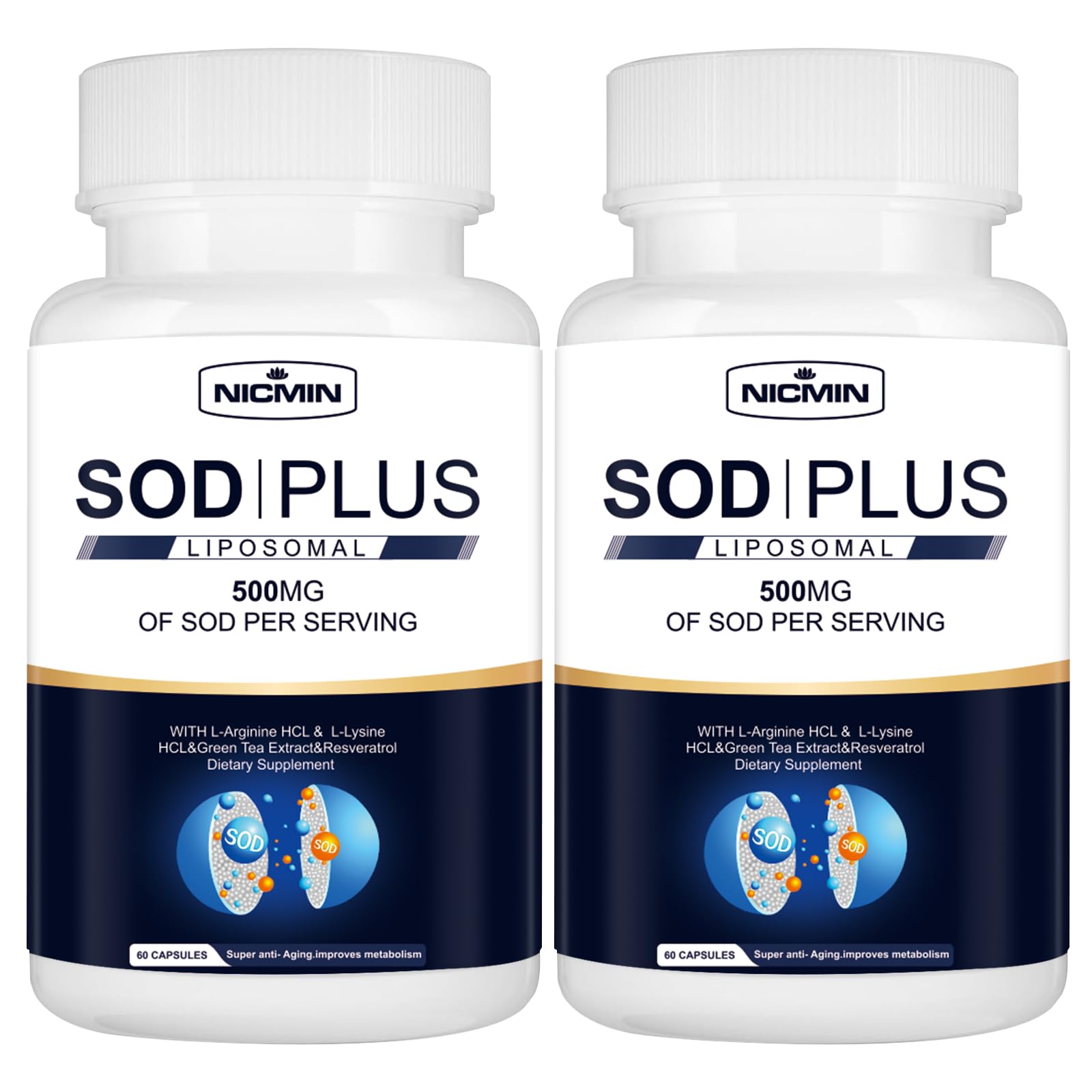 NICMIN 500MG Superoxide Dismutase Supplement - SOD Plus with Liposomal Glutathione, AKG, Green Tea Extract, L-Arginine, Lysine, Resveratrol and Vitamin E for Immune Support, Antioxidant 120 Capsules NICMINBuy Supplements Australia