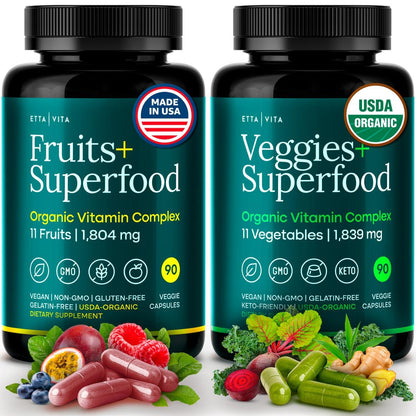 100% Organic Fruits and Veggies Supplement (USDA Organic - Made in USA) 180 Potent Fruits and Vegetable Capsules for Energy Boost & Daily Fruit and Vegetable Vitamins - Vegan, Non-GMO, Gluten-Free Etta VitaBuy Supplements Australia