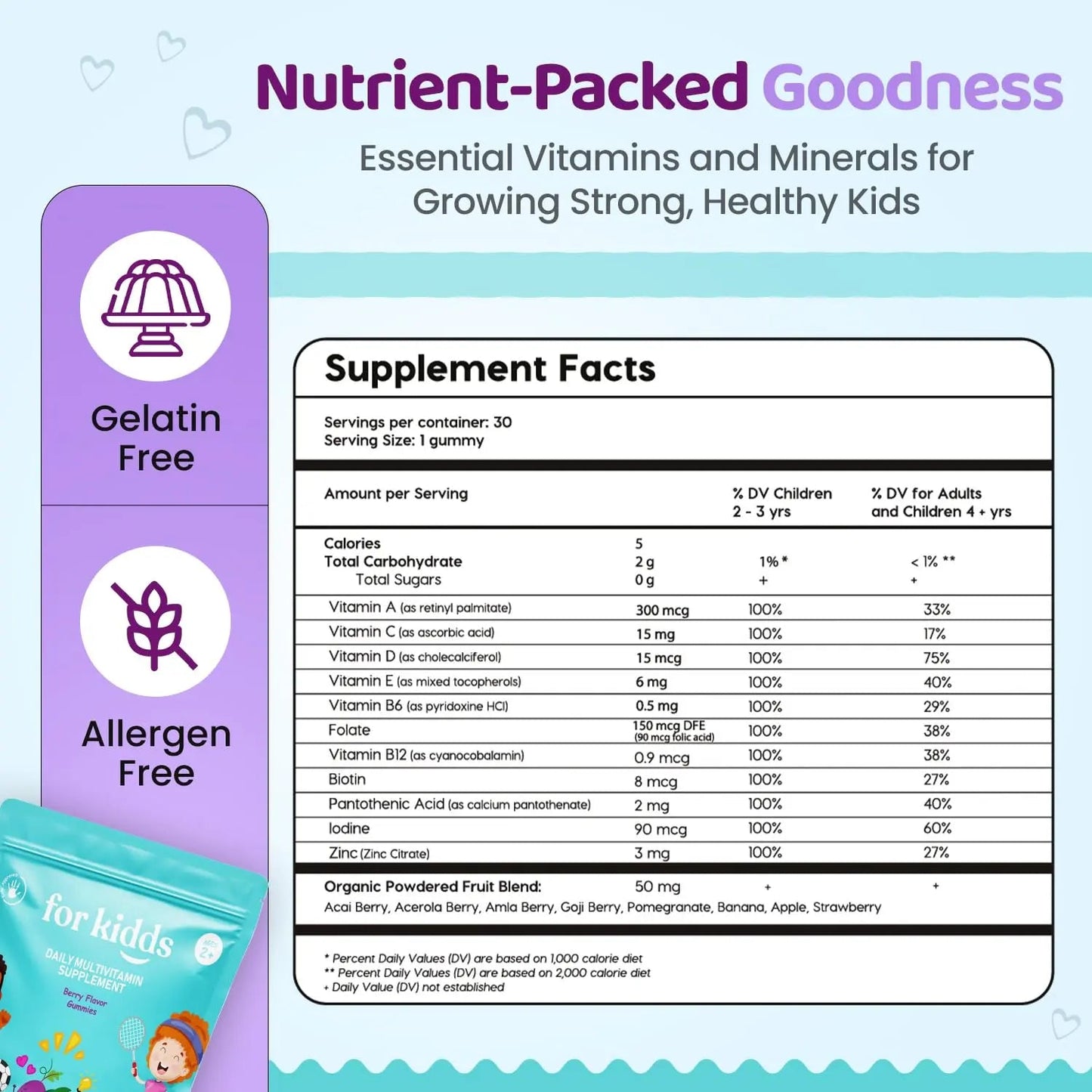 ZettoA Daily Multivitamins for Kids Ages 2+, Berry Gummies with 11 Essential Vitamins & Minerals for Immune Support ZettoA