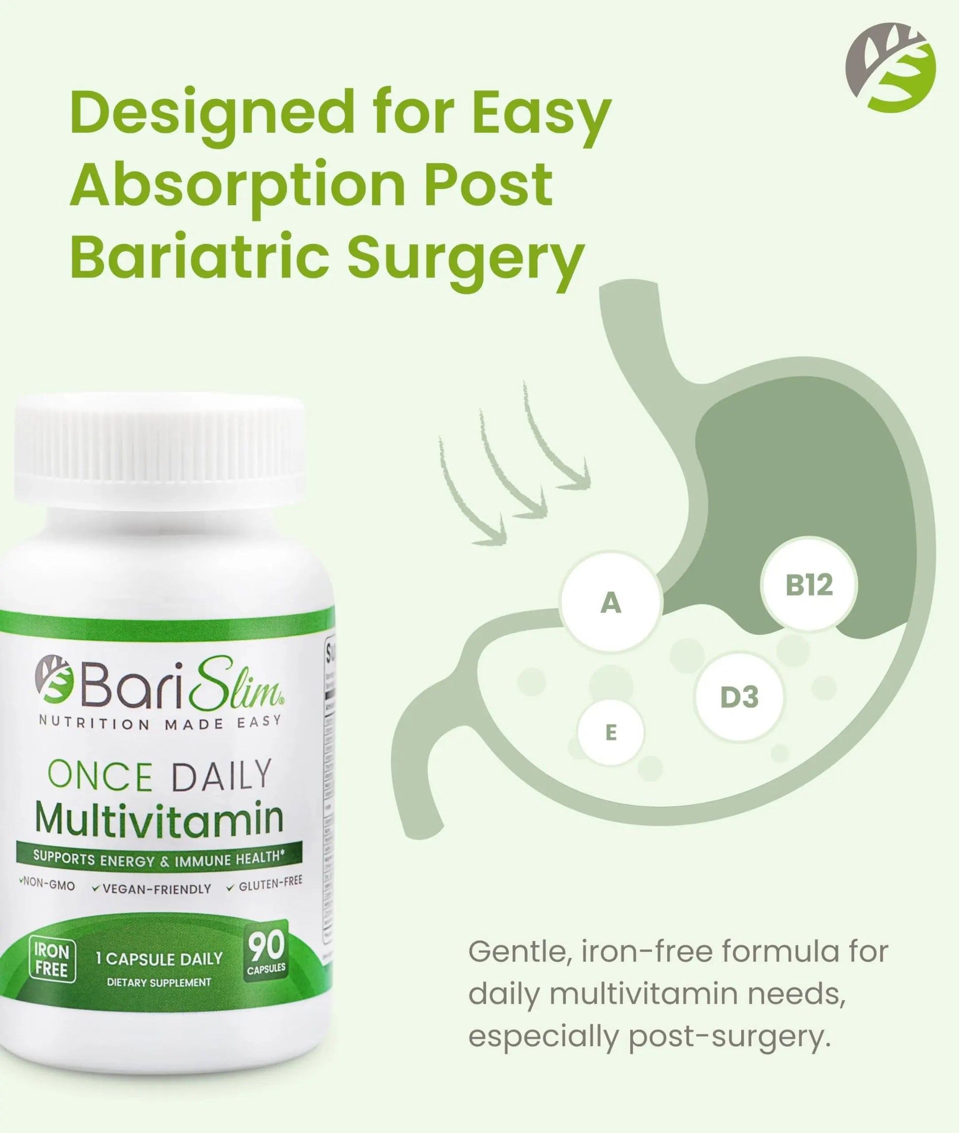 BariSlim Once Daily Bariatric Multivitamin Capsule - Iron-Free Formula - Bariatric Vitamin and Supplement for Post Surgery BariSlim