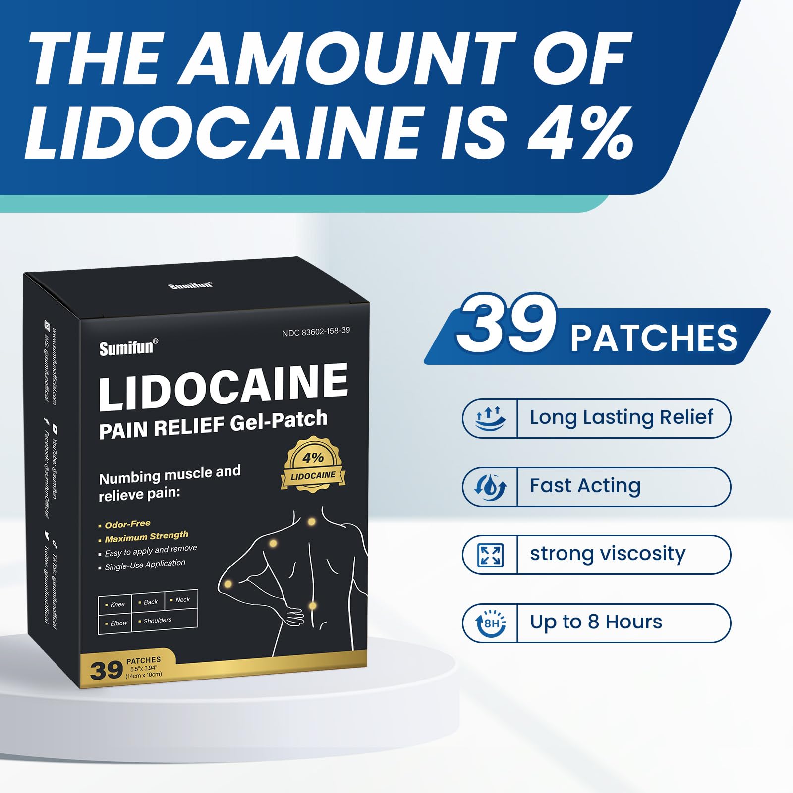 Sumifun 4% Lidocaine Patches,Maximum Strength Pain Relieving Patch Back, Shoulder, Joints, Knee Pain Relief and Muscle Soreness - 8 Hour Pain Relief (39 Count(Pack of 1)) SumifunBuy Supplements Australia