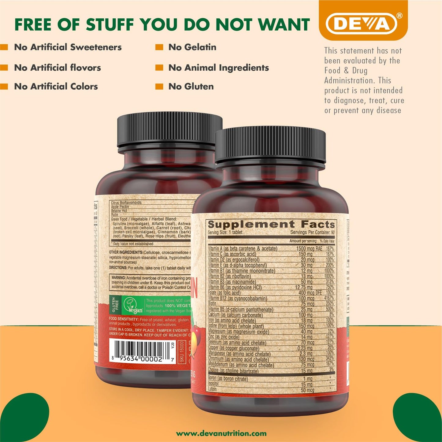 DEVA Vegan Multivitamin & Mineral Supplement with Iron 2-Pack, Spirulina, Chlorella, Ashwagandha, Broccoli & More, 90 Coated Tablets Each DEVABuy Supplements Australia