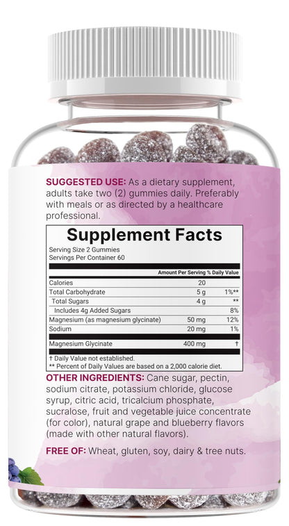 Magnesium Glycinate Gummies 400mg Per Serving, 120 Count | Natural Grape Blueberry Flavor | Potent Elemental Form + Chelated for High Absorption | Healthy Muscle, Bones, & Mood Support Supplement Micro IngredientsBuy Supplements Australia