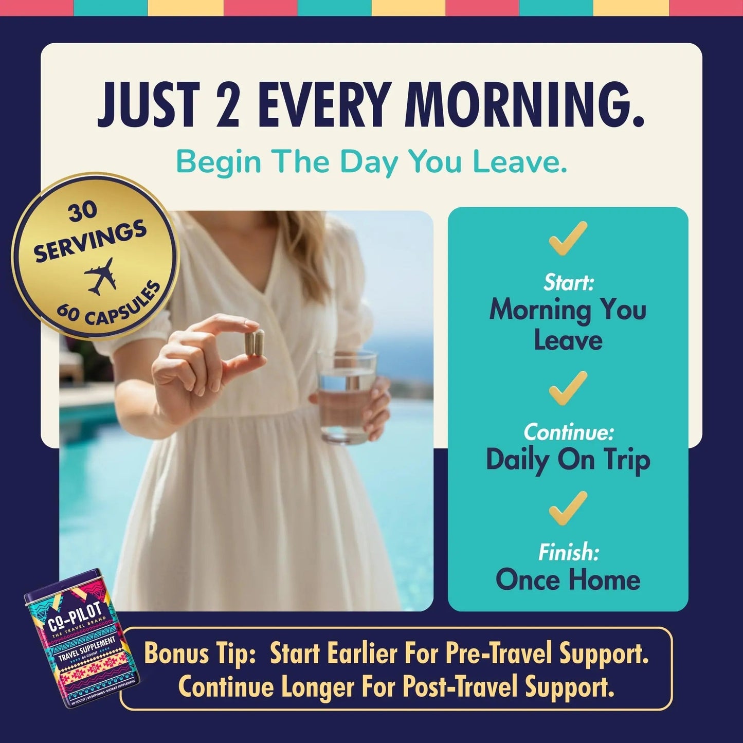 Travel Vitamin Supplement for Flight and Daily, Jet Lag, Energy, Immune, Digestion Support, Promote Calmness with Ashwagandha, Rhodiola, Chia Co-Pilot The Travel BrandBuy Supplements Australia