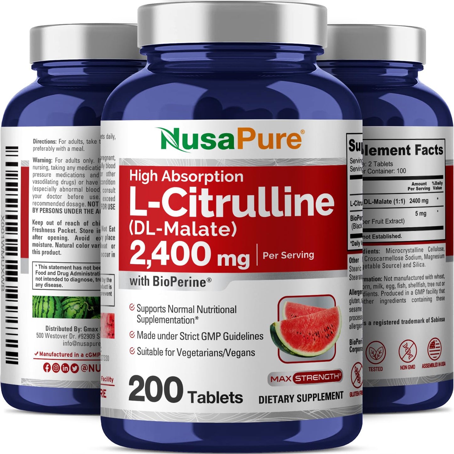 NusaPure L-Citrulline 2,400mg 200 Vegetarian Tablets (Non-GMO, Gluten Free, 100-Day Supply, Bioperine)