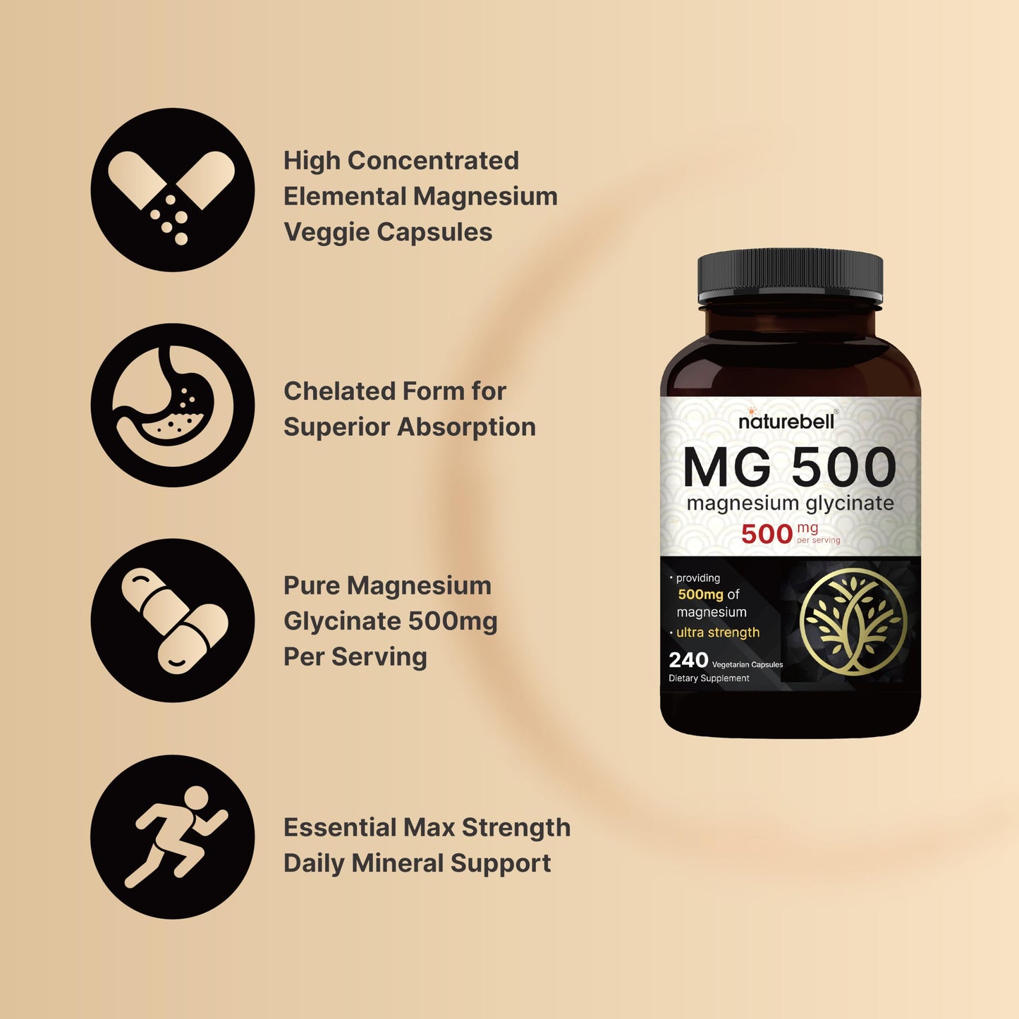 Magnesium Glycinate 500mg Per Serving | 240 Veggie Capsule, 100% Chelated NatureBellBuy Supplements Australia