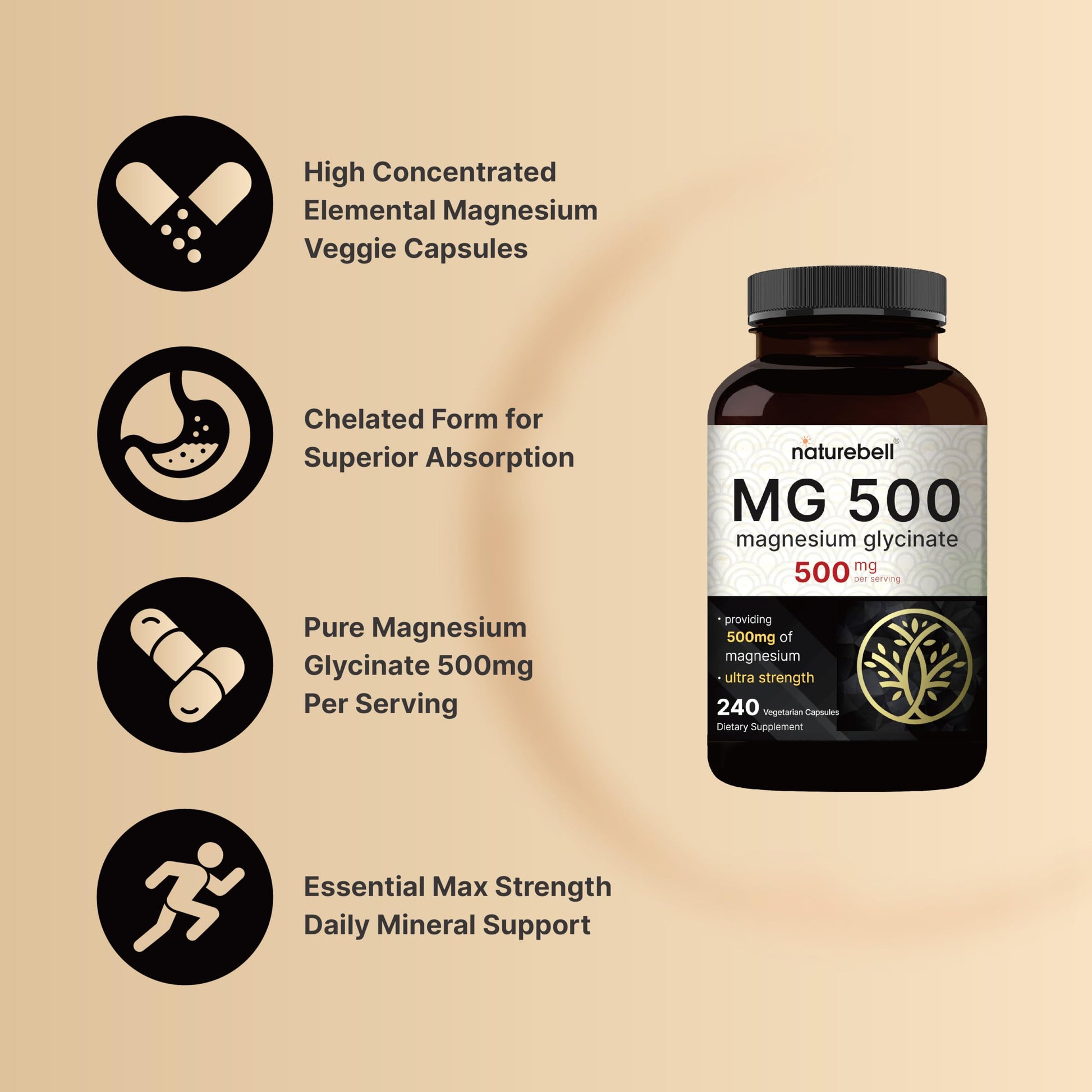 Magnesium Glycinate 500mg Per Serving | 240 Veggie Capsule, 100% Chelated NatureBellBuy Supplements Australia