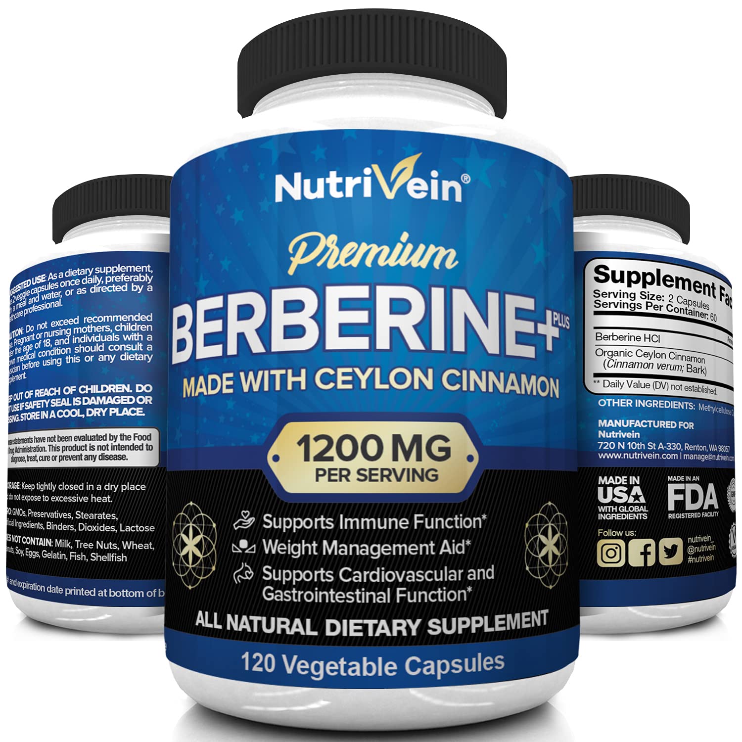 Nutrivein Premium Berberine HCL 1200mg Plus Organic Ceylon Cinnamon - 120 Capsules NutriveinBuy Supplements Australia