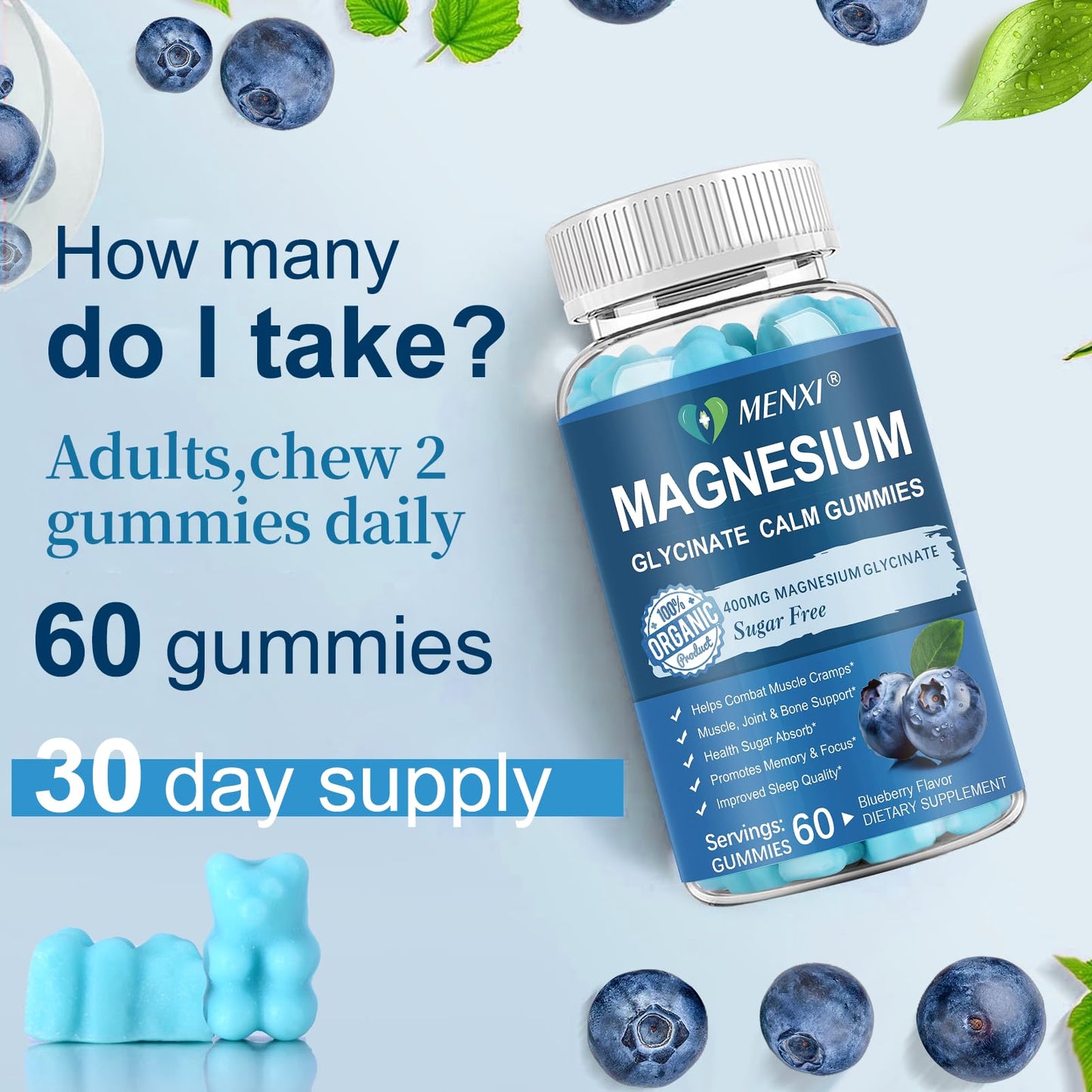 Magnesium Gummies 600mg per Serving-Magnesium Glycinate 400mg and Magnesium Malate 200mg,Sugar Free Magnesium Potassium Supplement for Calm Mood, Muscle, Bone & Sleep Support,60 Blueberry Gummies MENXIBuy Supplements Australia