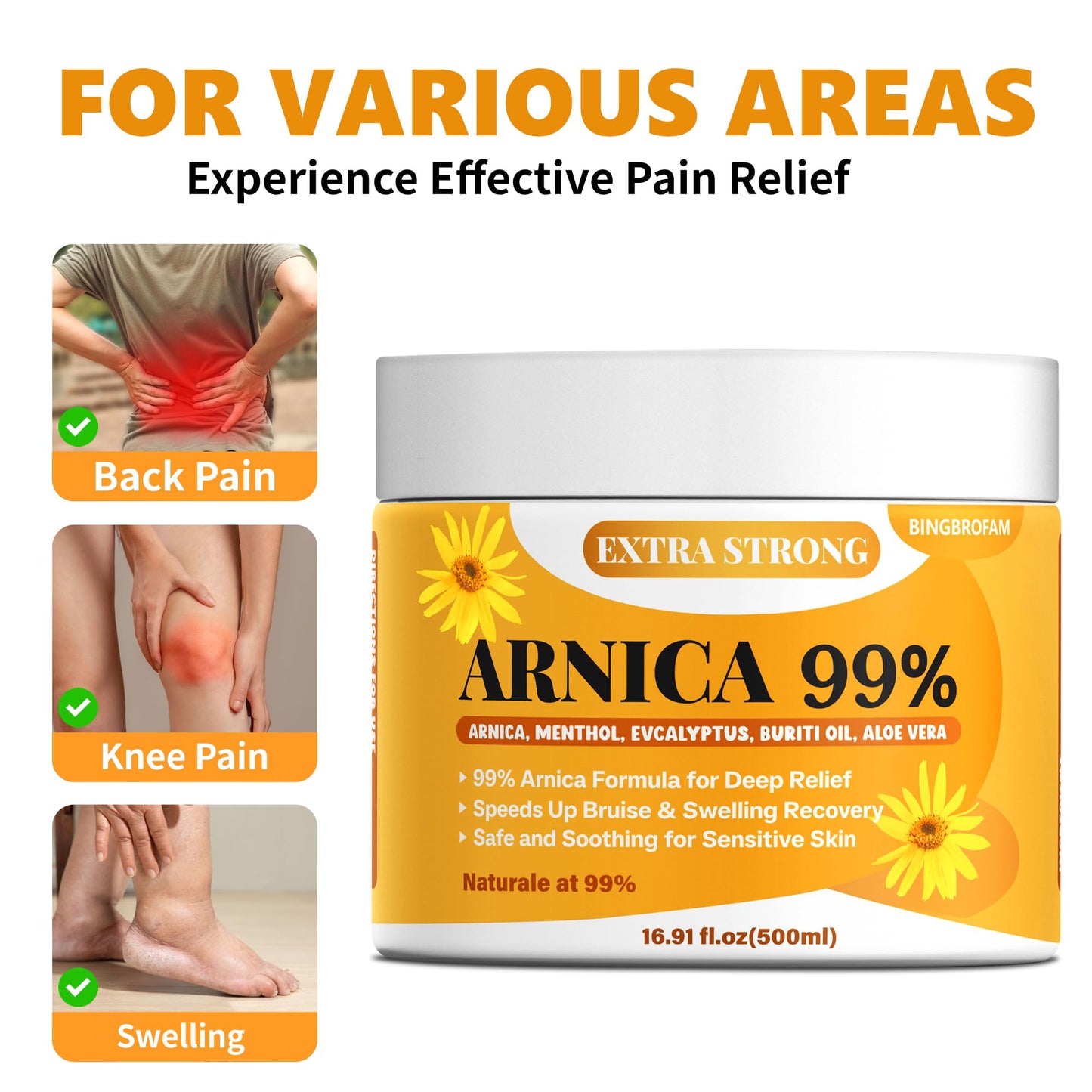 Bingbrofam Arnica Cream 99% Extra Strength Gel Pain Relief for Fast Healing Thin Skin, Seniors Bruises with Menthol, Swelling, Soothing Massage, 16.9 Oz BingbrofamBuy Supplements Australia