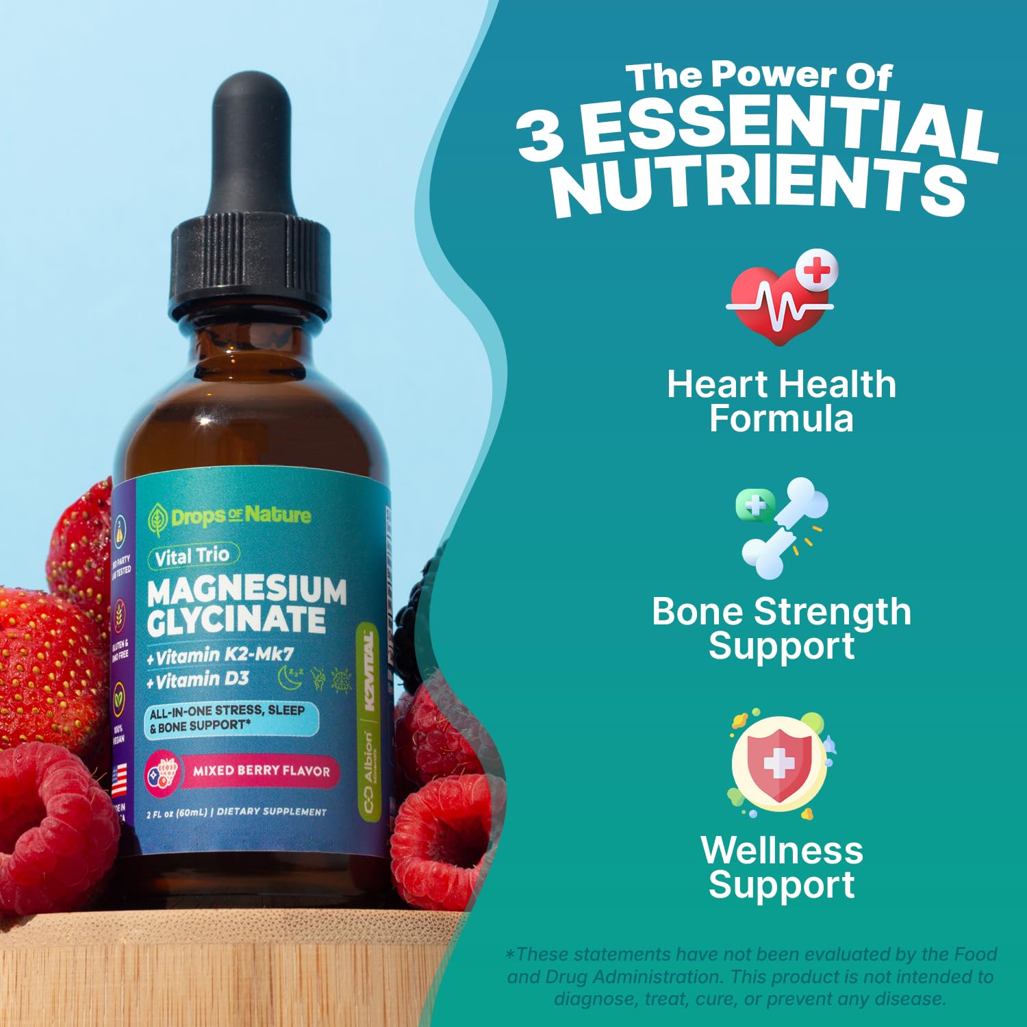 Magnesium Glycinate, Vitamin K2 & D3 Supplement – GMO-Free – VIT D MK7 K2 Vitamin Supplement & Magnesium Blend – with Nutrients for Bone Nutrition & Cardiovascular Function (Mixed Berry, 60 mL) Drops Of NatureBuy Supplements Australia