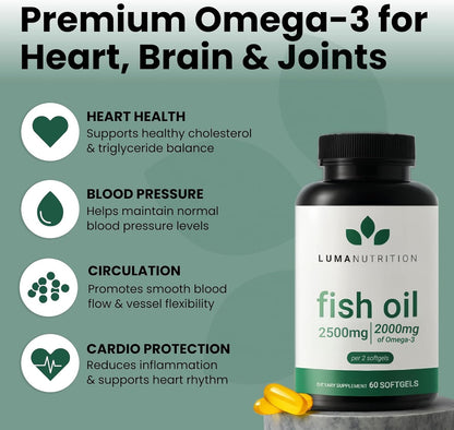 Luma Nutrition Omega 3 Fish Oil Supplement - Extra Strength 2500mg Per Serving - 2000mg EPA & DHA Per Serving - Brain and Heart Health - 60 Softgels, 30 Servings Luma NutritionBuy Supplements Australia
