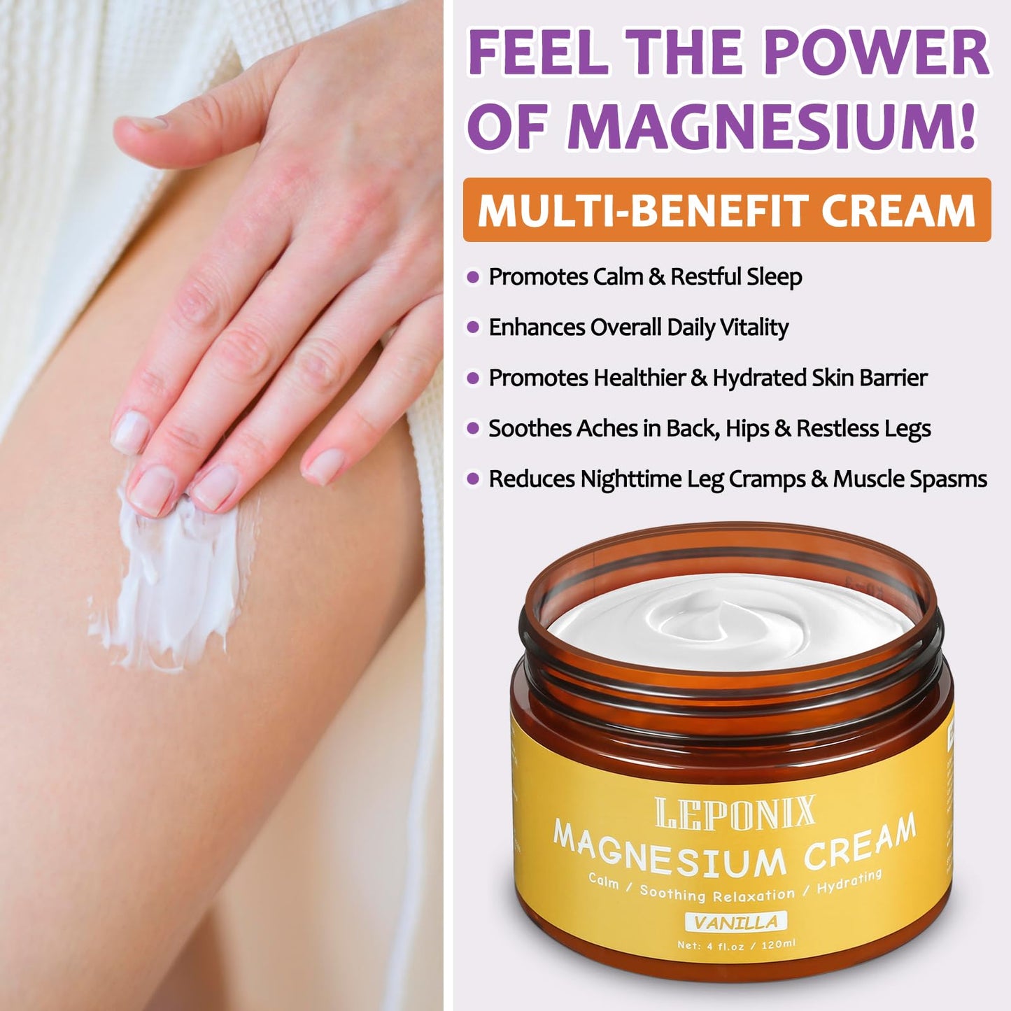 Magnesium Cream for Sleep & Muscle Recovery - Soothing Topical Magnesium Lotion for Leg Cramps, Joint Comfort, Pain Relief - Relaxing Magnesium Body Butter for Men Women Kids (120ml, Vanilla) LEPONIXBuy Supplements Australia