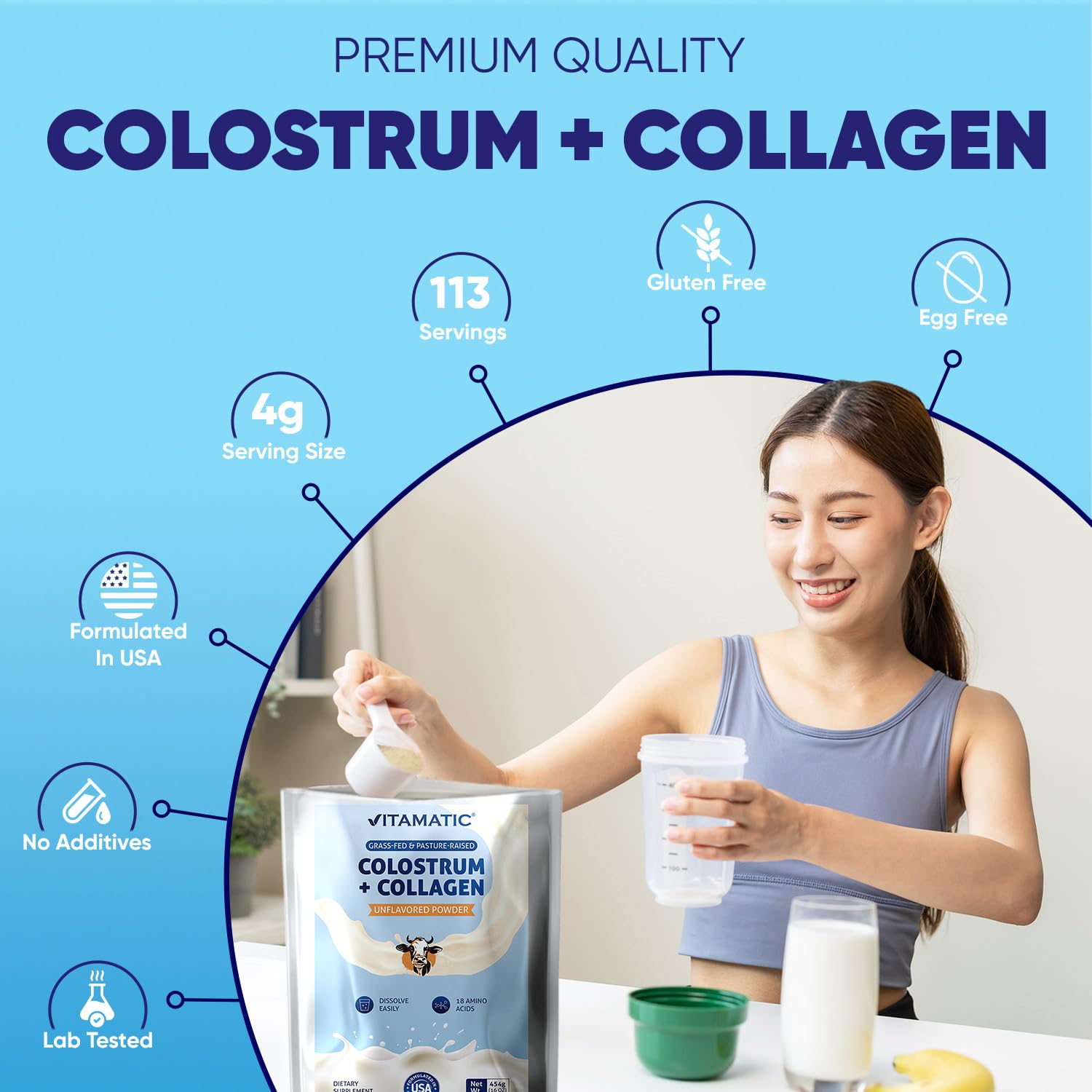 Vitamatic Bovine Colostrum + Collagen Powder - Supplement for Gut Health, Hair Growth, Beauty, Muscle Recovery, & Immune Support - Easy to Mix - Unflavored - 454 Gram, (16 oz) VitamaticBuy Supplements Australia