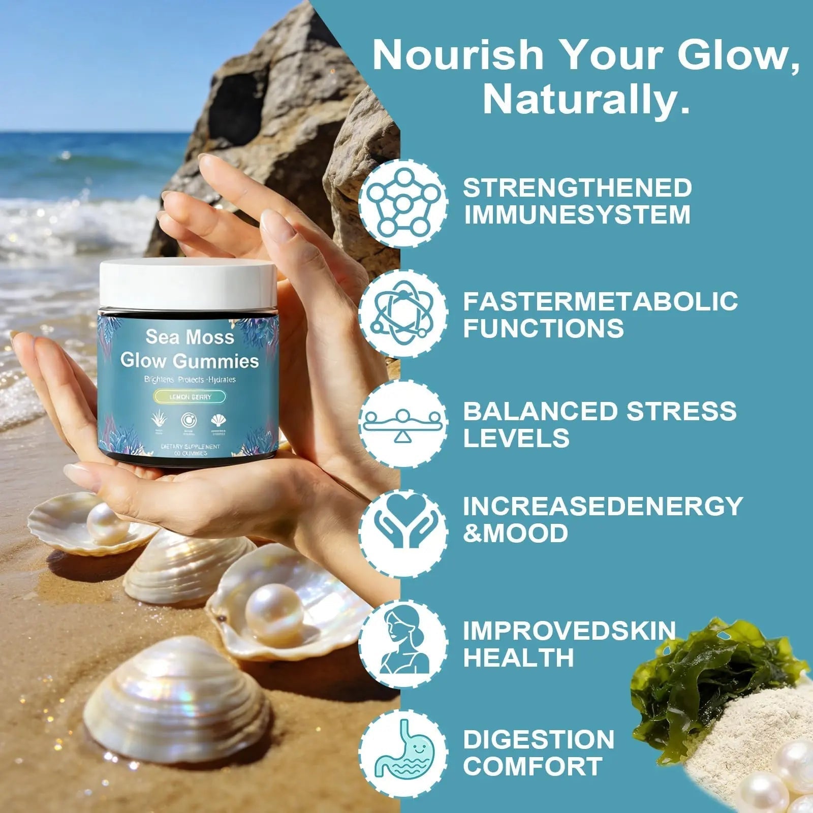 HICFRWE Sea Moss Glow Gummies - Hair Gummies with Vitamin C, Vitamin E, Aloe Vera, Pearl Powder Supports Faster Hair Growth HICFRWEBuy Supplements Australia