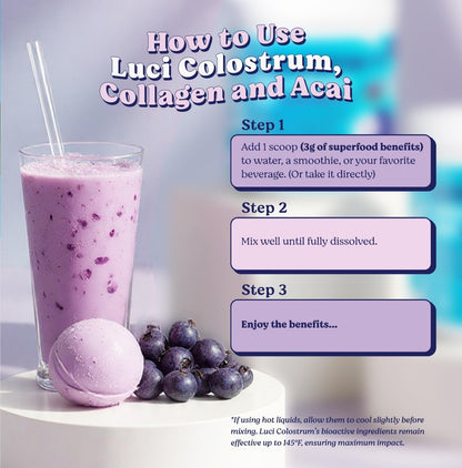 Luci Colostrum Powder 60 Servings, 3 in 1 with Collagen Peptides and Acai, Bovine Colostrum for Gut Health, Bloating, Collagen Protein for Muscle, Skin, Hair, Nails and Immunity, Gluten & Fat Free Luci NutritionBuy Supplements Australia