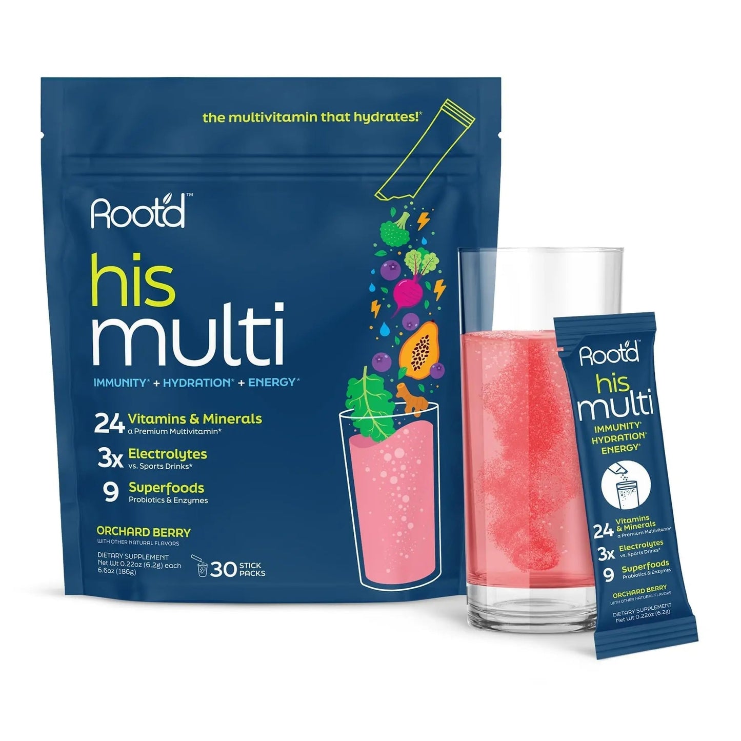 Root'd Multivitamin Powder for Men - 24 Vitamins & Minerals with 3X Electrolytes, 9 Organic Superfoods, Probiotics & Enzymes Root'd
