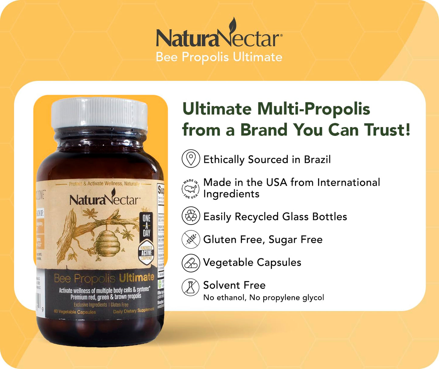 NaturaNectar - Ultimate Bee Propolis Capsules - NSF Contents Certified -Brazilian Red, Brown, & Green - Gluten-Free Supplement with Flavonoids - Naturally Sourced Through Ethical Beekeeping (60pcs.) NaturaNectarBuy Supplements Australia