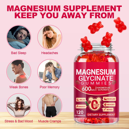 Magnesium Glycinate Gummies 600mg, Sugar Free Magnesium Gummies for Adults, Chewable Potassium Supplements for Body Support