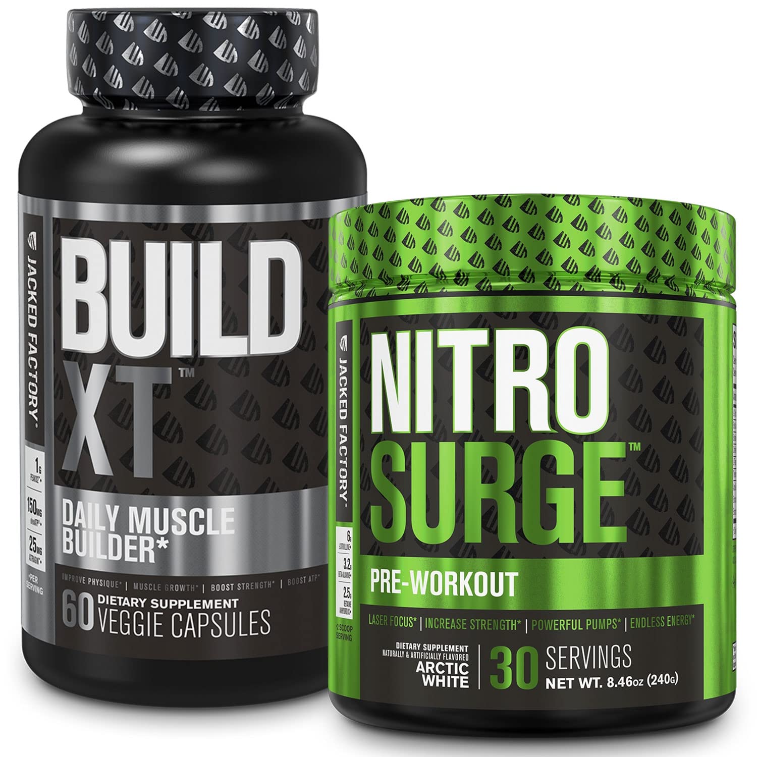 Jacked Factory Nitrosurge Pre-Workout in Arctic White & Build XT Muscle Building Bundle