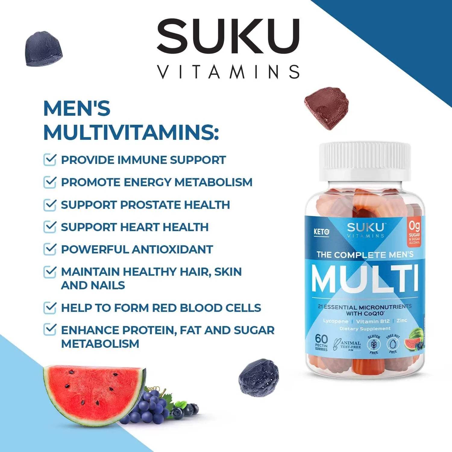 SUKU Men's Daily Multivitamin Gummies – Vitamins A, B12, C, D3, E, Zinc, CoQ10 & Lycopene – Prostate, Heart & Immune Support SUKUBuy Supplements Australia
