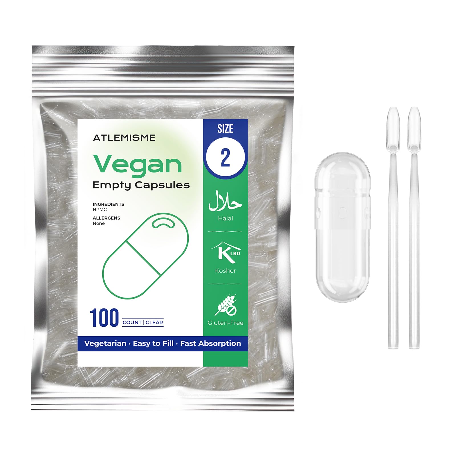 ATLEMISME Empty Vegan Capsules Size 2 - Empty (100 Count) DIY Filling - Veggie Capsules with 2 Micro Lab Spoons for Filling ATLEMISMEBuy Supplements Australia