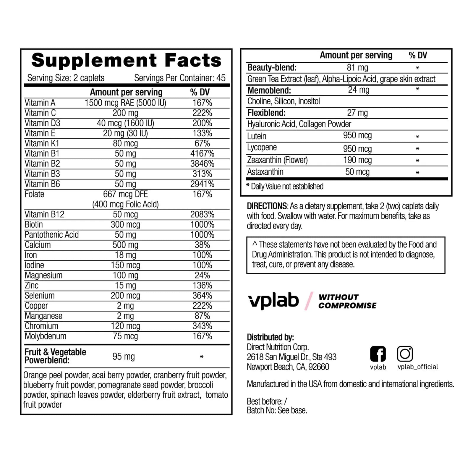 VPLab Ultra Women's Multivitamin Formula - Supplement for Hair, Skin & Nails with Biotin, Iron, Vitamin B, D, C & Zinc, Folate vplab nutritionBuy Supplements Australia