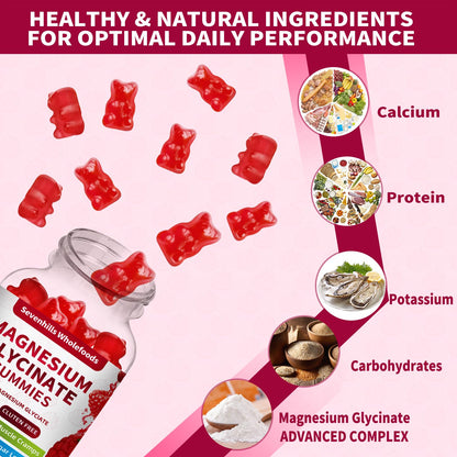 Magnesium Glycinate Gummies 1000mg - Sugar Free Magnesium Potassium Supplement for Relaxation, Calm, Stress Relief, and Sleep Support for Adults & Kids - 60 Raspberry Gummies Sevenhills WholefoodsBuy Supplements Australia