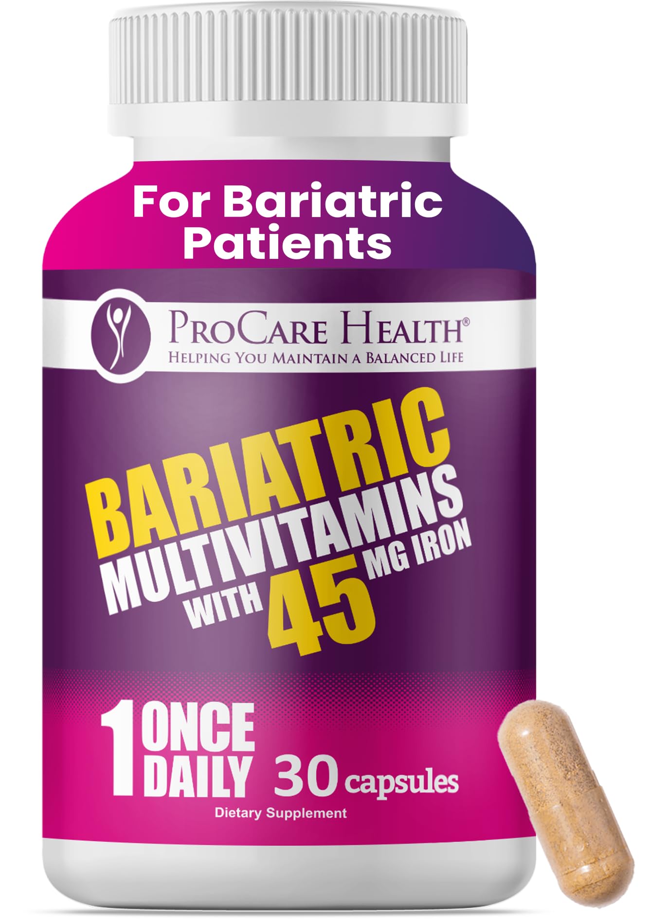 ProCare Health Bariatric Multivitamin with 45mg Iron (30 Easy to Swallow Capsules) - Once Daily Post-Op Support for Gastric Bypass ProCare HealthBuy Supplements Australia