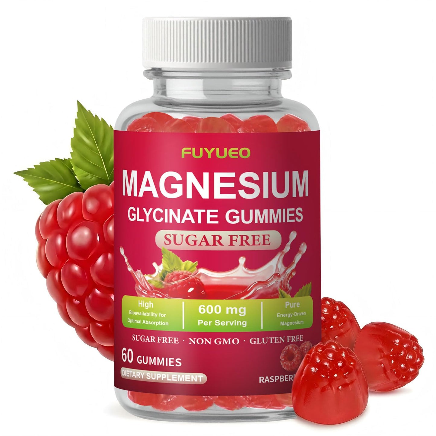 FUYUEO Magnesium Glycinate Gummies for Sleep & Relaxation, Sugar Free High Absorption Magnesium Supplement for Men & Women, Gentle on Stomach, Chewable, Raspberry, 60 Count (Pack of 1) FUYUEOBuy Supplements Australia