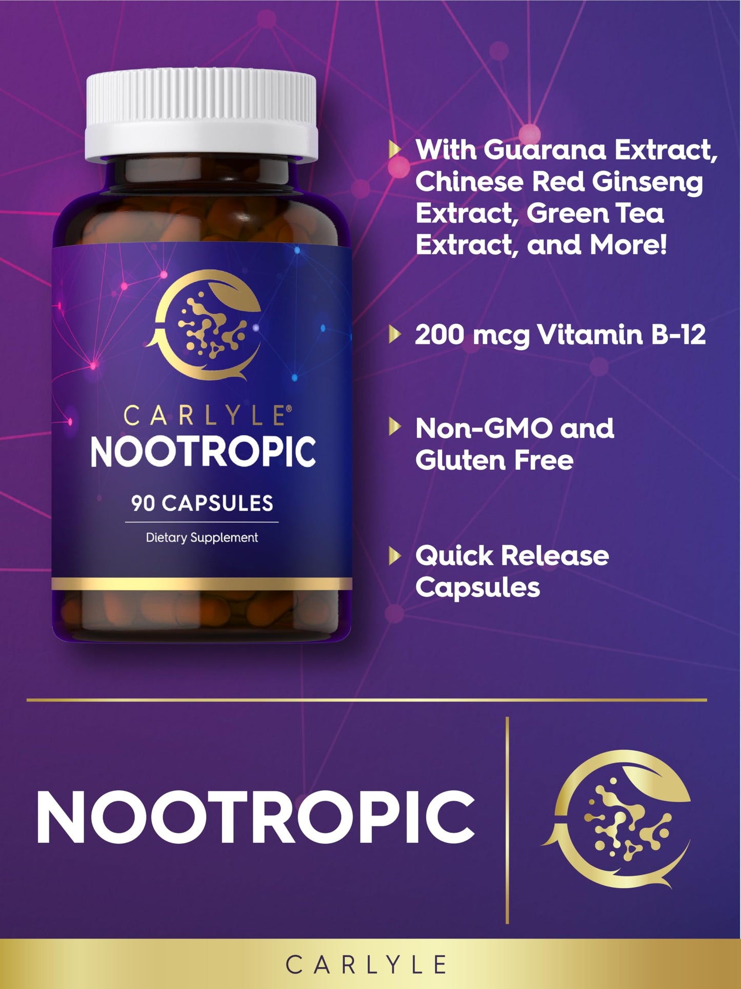 Carlyle Brain Nootropic Supplement | 90 Capsules | with Caffeine, B12, and Guarana Extract | Non-GMO & Gluten Free CarlyleBuy Supplements Australia