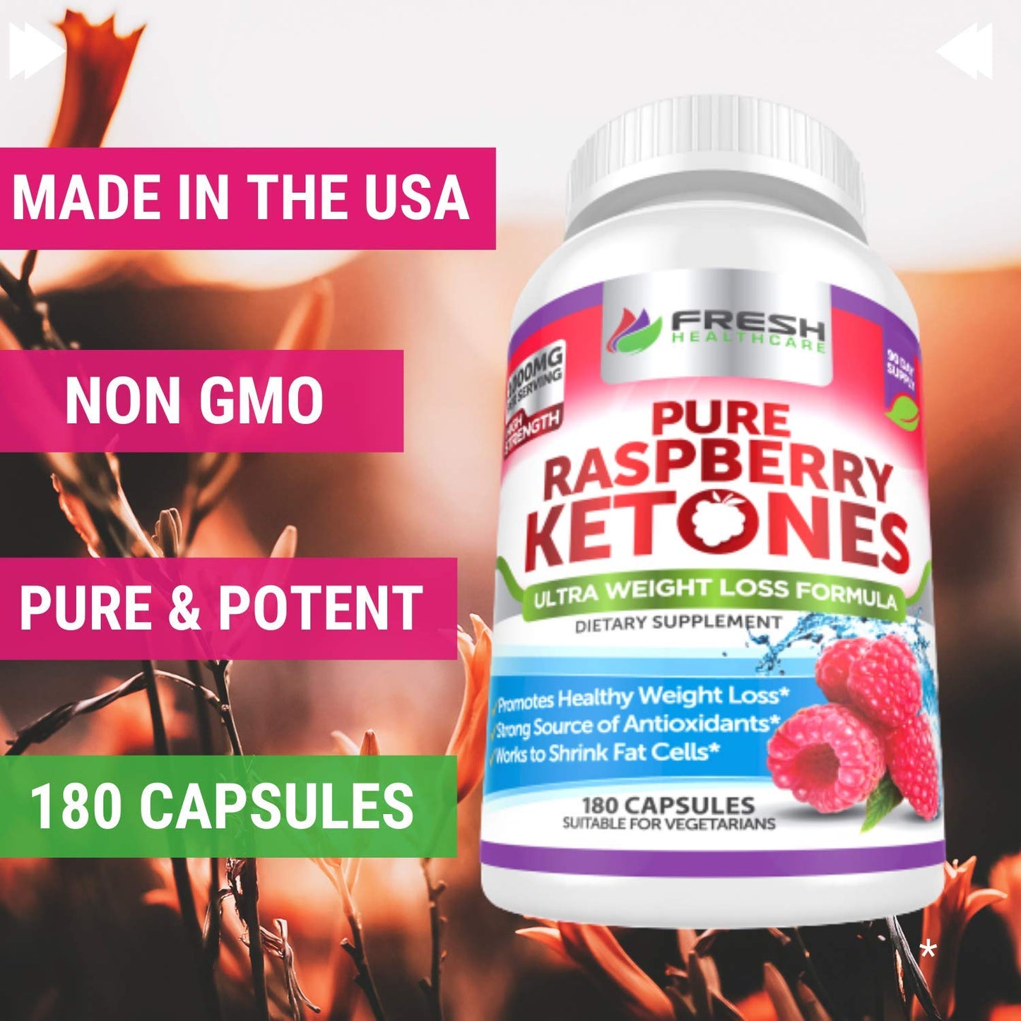 FRESH HEALTHCARE Pure 100% Raspberry Ketones Max 1000mg Per Serving - 3 Month FRESH HEALTHCAREBuy Supplements Australia