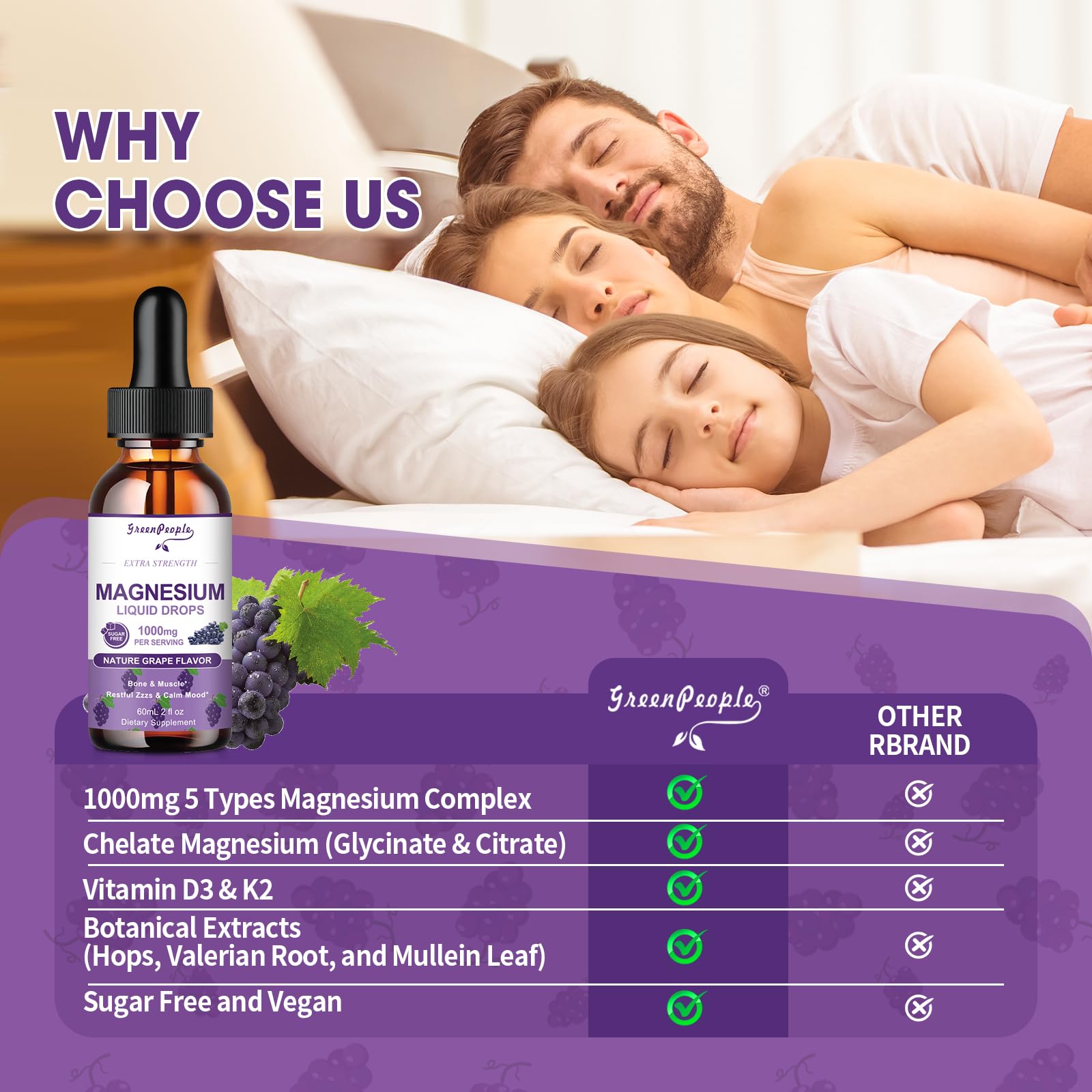 GREENPEOPLE Magnesium Glycinate Liquid Drops - 1000mg 5-in-1 High Absorption Liquid Magnesium for Sleep with D3/K2/B6 | Fast-Acting, Bone, Muscle & Sleep | Sugar-Free Grape Flavor, 2fl Oz GREENPEOPLEBuy Supplements Australia