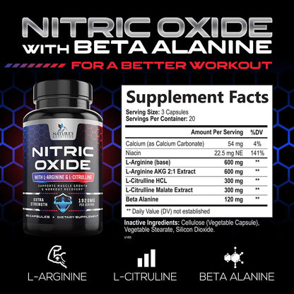 Extra Strength Nitric Oxide Supplement L Arginine 3X Strength - Citrulline Malate, AAKG Nature's NutritionBuy Supplements Australia