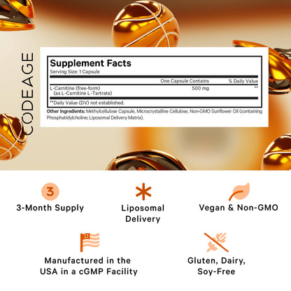 Codeage Liposomal L-Carnitine+ Supplement - 500 mg L-Carnitine L-Tartrate per Serving - Free-Form Amino Acid - Carnitine - Liposomal Delivery - Vegan, Non-GMO, Gluten-Free - 90 Capsules CodeageBuy Supplements Australia