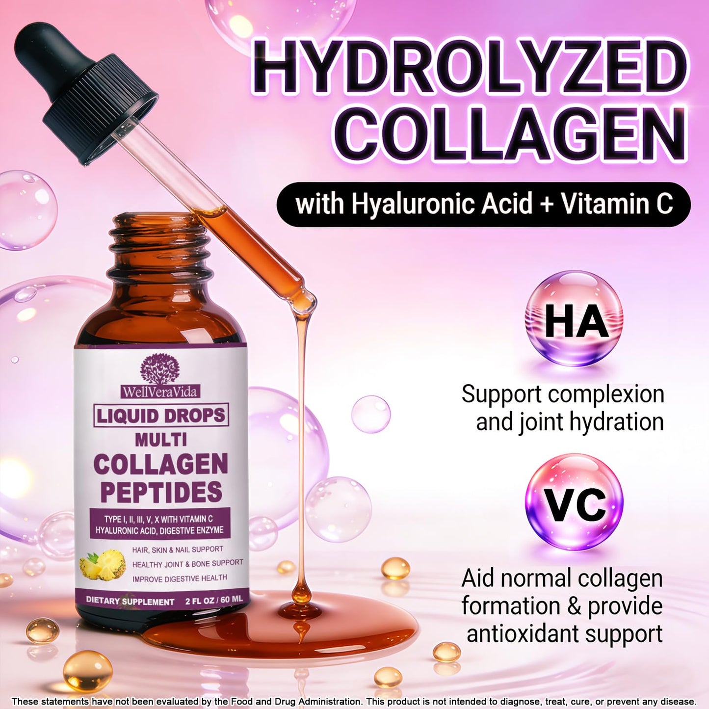 Multi Collagen Peptides Liquid Drops, 2oz – Types I, II, III, V, X, Hydrolyzed Collagen Complex for Hair, Skin, Nails, Bones & Joint Support | Collagen Supplement w. Hyaluronic Acid, Biotin, Vitamin C WellVeraVidaBuy Supplements Australia
