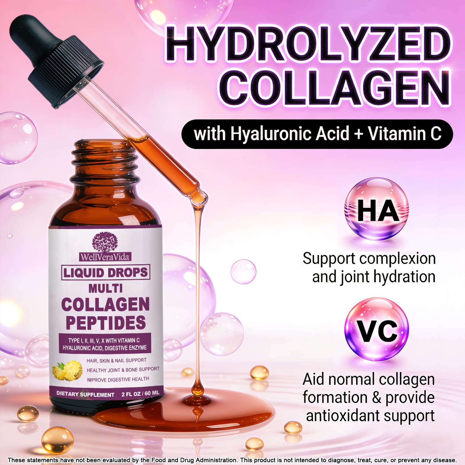 Multi Collagen Peptides Liquid Drops, 2oz – Types I, II, III, V, X, Hydrolyzed Collagen Complex for Hair, Skin, Nails, Bones & Joint Support | Collagen Supplement w. Hyaluronic Acid, Biotin, Vitamin C WellVeraVidaBuy Supplements Australia
