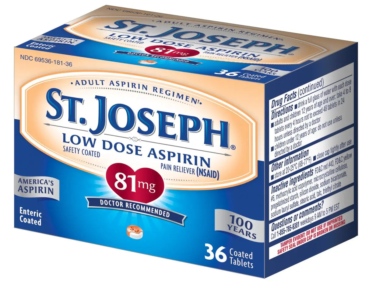 St. Joseph Aspirin Pain Reliever (NSAID) 81mg, Enteric Safety Coated, Adult Low Dose Regimen, 36 ct St. JosephBuy Supplements Australia