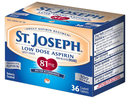 St. Joseph Aspirin Pain Reliever (NSAID) 81mg, Enteric Safety Coated, Adult Low Dose Regimen, 36 ct St. JosephBuy Supplements Australia