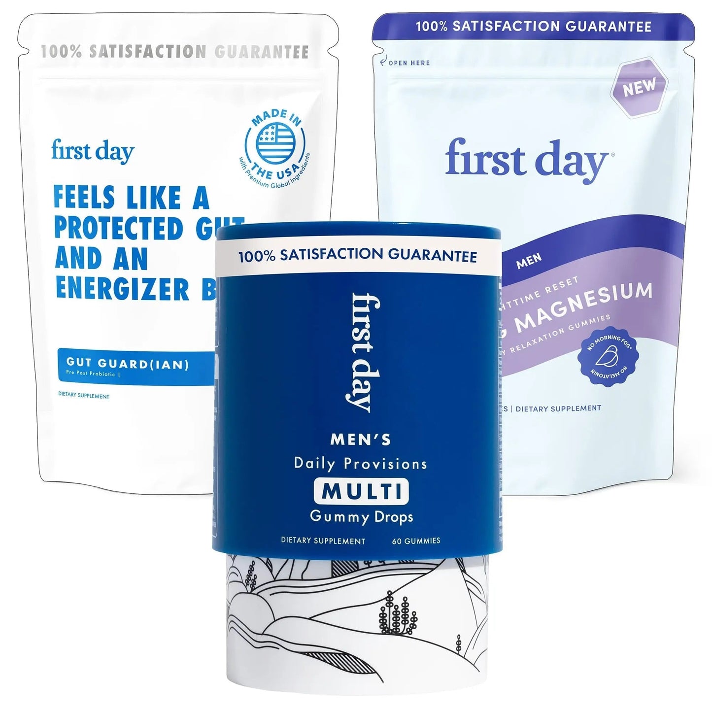FIRST DAY Men’s Wellness Bundle with Multivitamins, Tribiotics & Calming Magnesium Gummies – Supports Nutrition, Immune & Digestive Health FIRST DAY