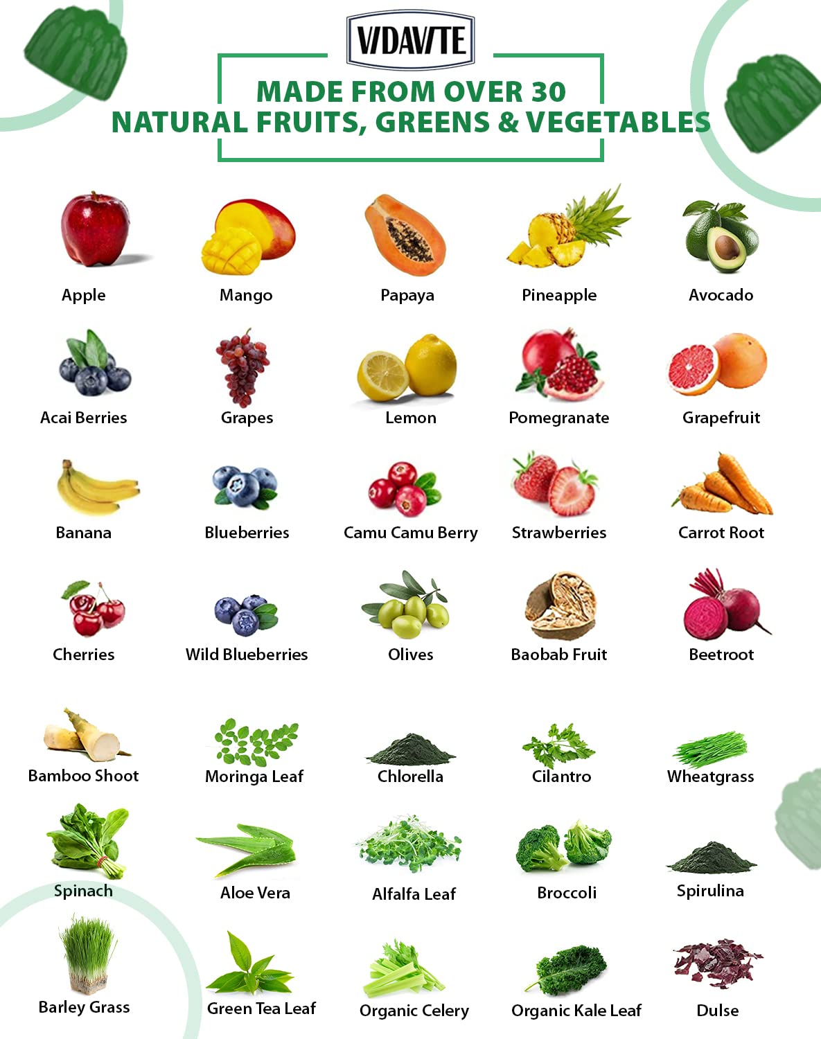 VIDAVITE Sugar-free Super Greens Gummies — US-Made, 35+ Fruit and Veggie gummies to Boost Immunity, Skin & Gut Health — Ideal Fruits and Vegetables Supplement