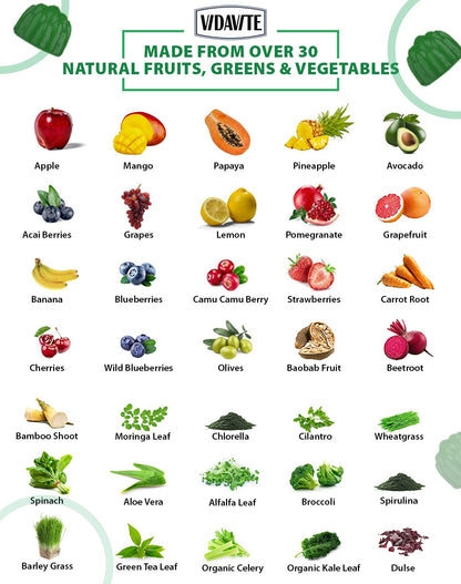 VIDAVITE Sugar-free Super Greens Gummies — US-Made, 35+ Fruit and Veggie gummies to Boost Immunity, Skin & Gut Health — Ideal Fruits and Vegetables Supplement