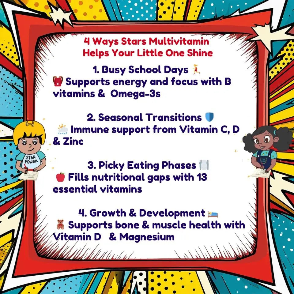 Stars Kids Multivitamin Gummies with Omega 3, Vitamins for Kids with A, B, C, D, Plant Based Multi Vitamins for Children, Manganese Vitastars