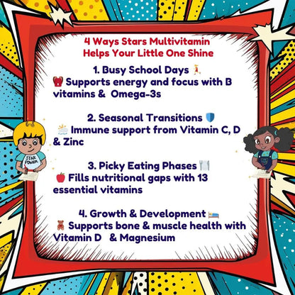 Stars Kids Multivitamin Gummies with Omega 3, Vitamins for Kids with A, B, C, D, Plant Based Multi Vitamins for Children, Manganese Vitastars