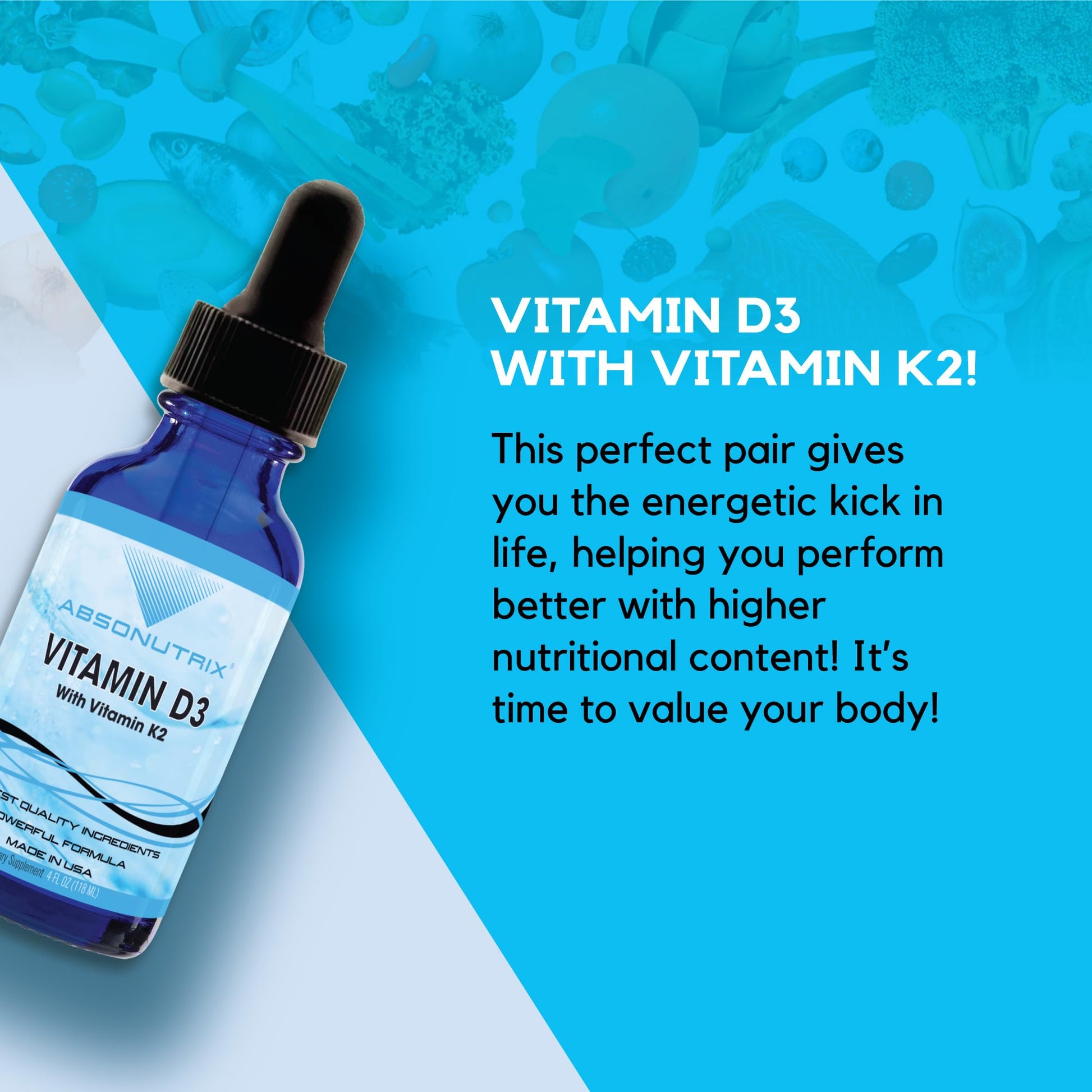 Absonutrix Vitamin D3 K2 Drops, 390mg, 4 Oz Liquid, 302 Servings, Made in USA, Quick Absorption, Quality Potent Ingredients, Non-GMO, GMP Certified, Cruelty-Free Products, Bone Strength Supplements AbsonutrixBuy Supplements Australia