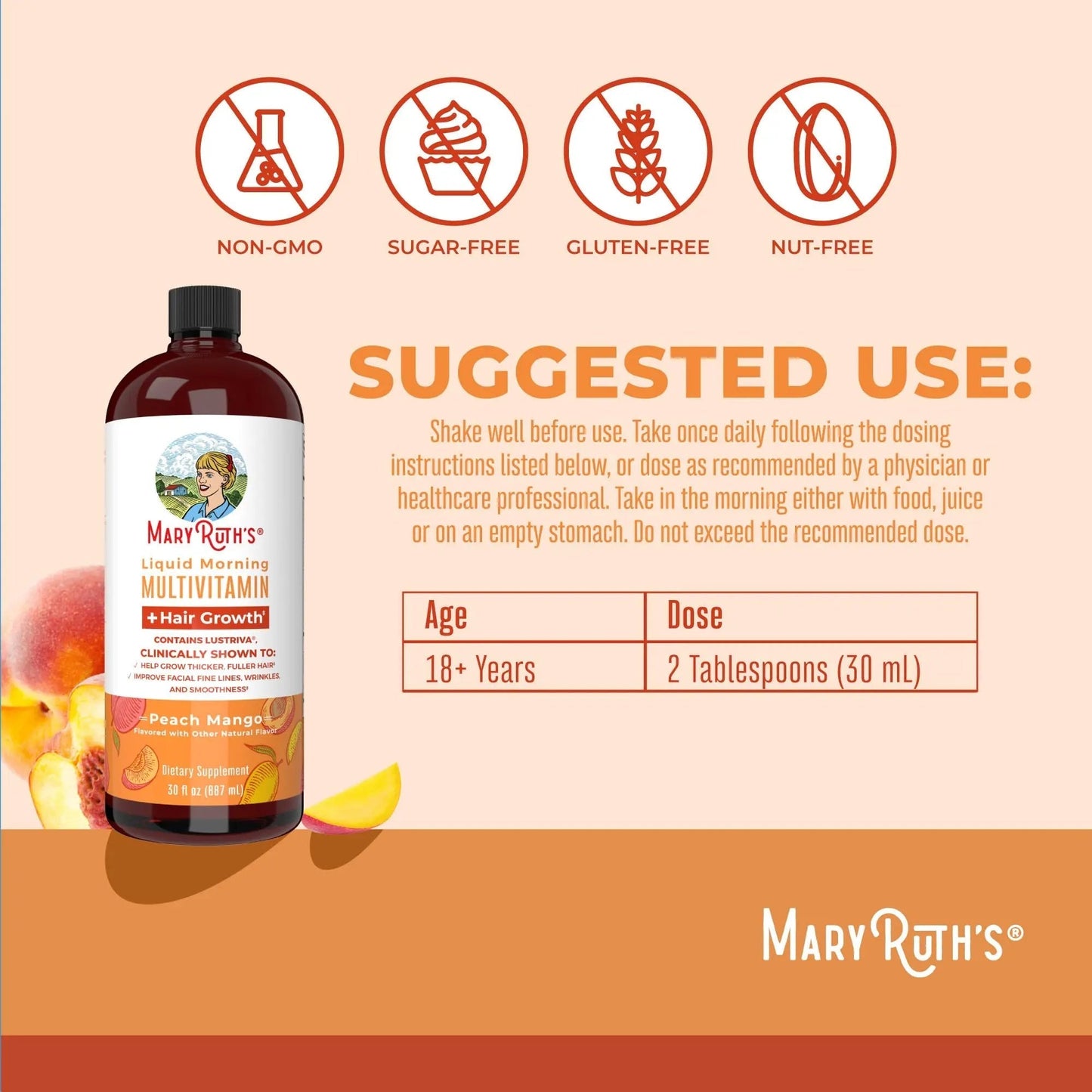 MaryRuth's MaryRuth's Liquid Morning Multivitamin +Hair Growth (Peach Mango, 30oz) & Iron Liquid (Berry) | Clean Label Project Verified® | MARYRUTH'SBuy Supplements Australia