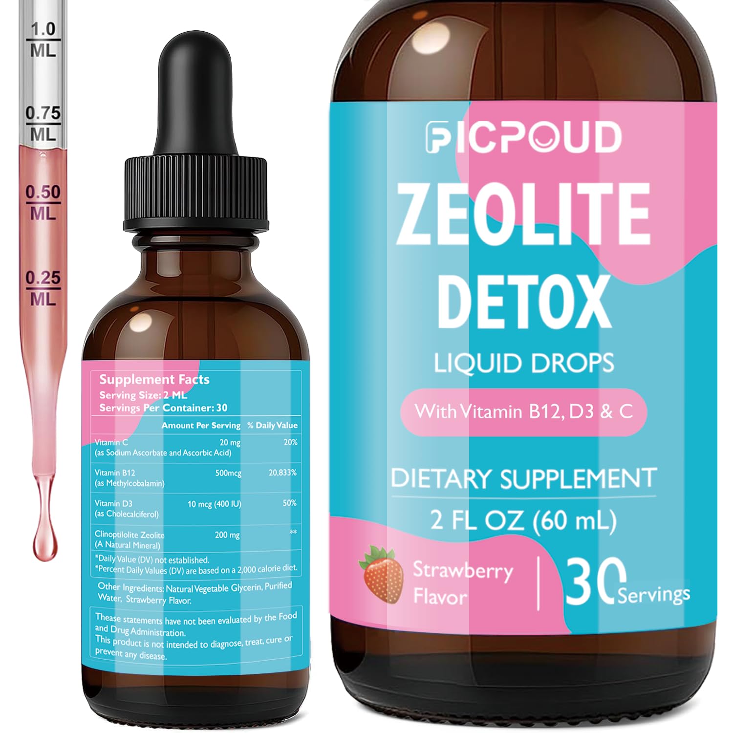 Ficpoud Zeolite Detox for Kids & Adults – Pure Zeolite clinoptilolite Liquid Drops with Vitamin B12, C & D3 – Gentle Daily Cleanse for Gut, Immune, Energy & Speech Support, Strawberry Flavor, 2 Fl Oz FicpoudBuy Supplements Australia