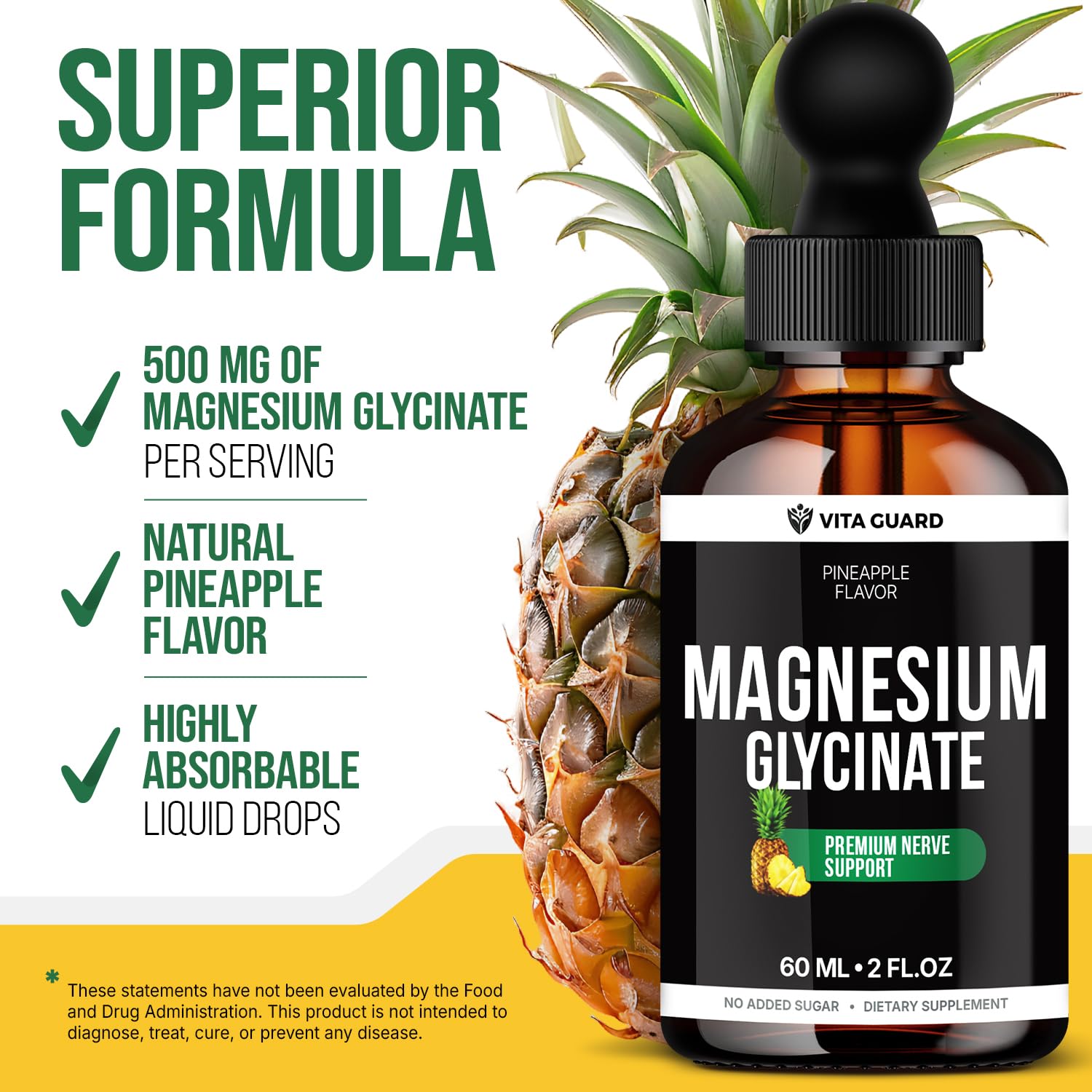Magnesium Glycinate 500mg Liquid Drops – Sugar-Free Magnesium Supplement, Vegan Formula, 60 mL Flavor Pineapple Vita GuardBuy Supplements Australia