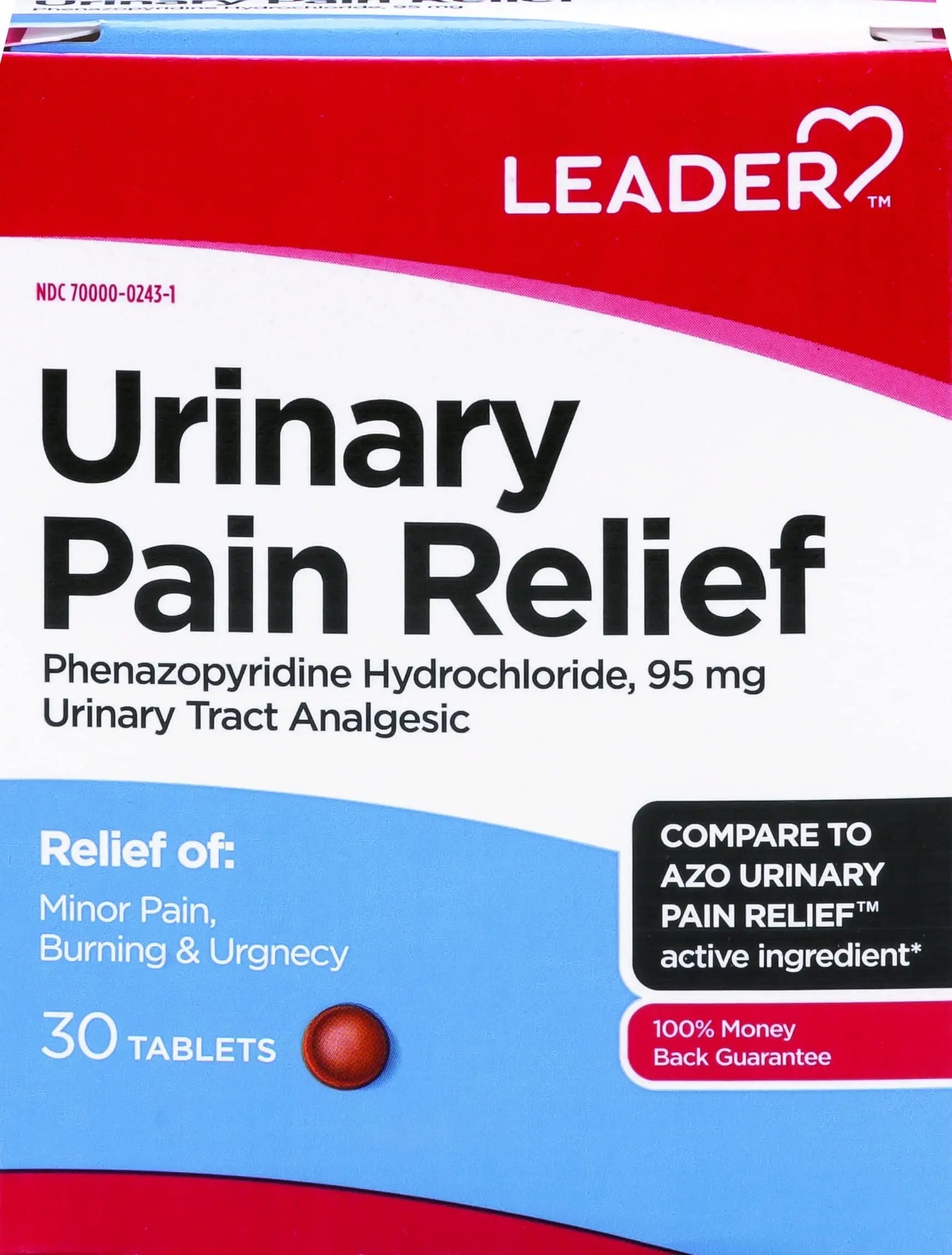 Leader Urinary Pain Relief Maximum Strength, Urinary Tract Analgesic, Relieves Burning and Urgency, Phenazopyridine Hydrochloride 95 mg, for Adults, Both Men & Women, 30 Tablets LeaderBuy Supplements Australia